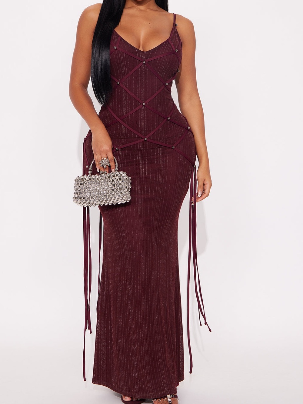 Fashion Nova Burgundy Glitter Strap Maxi Dress